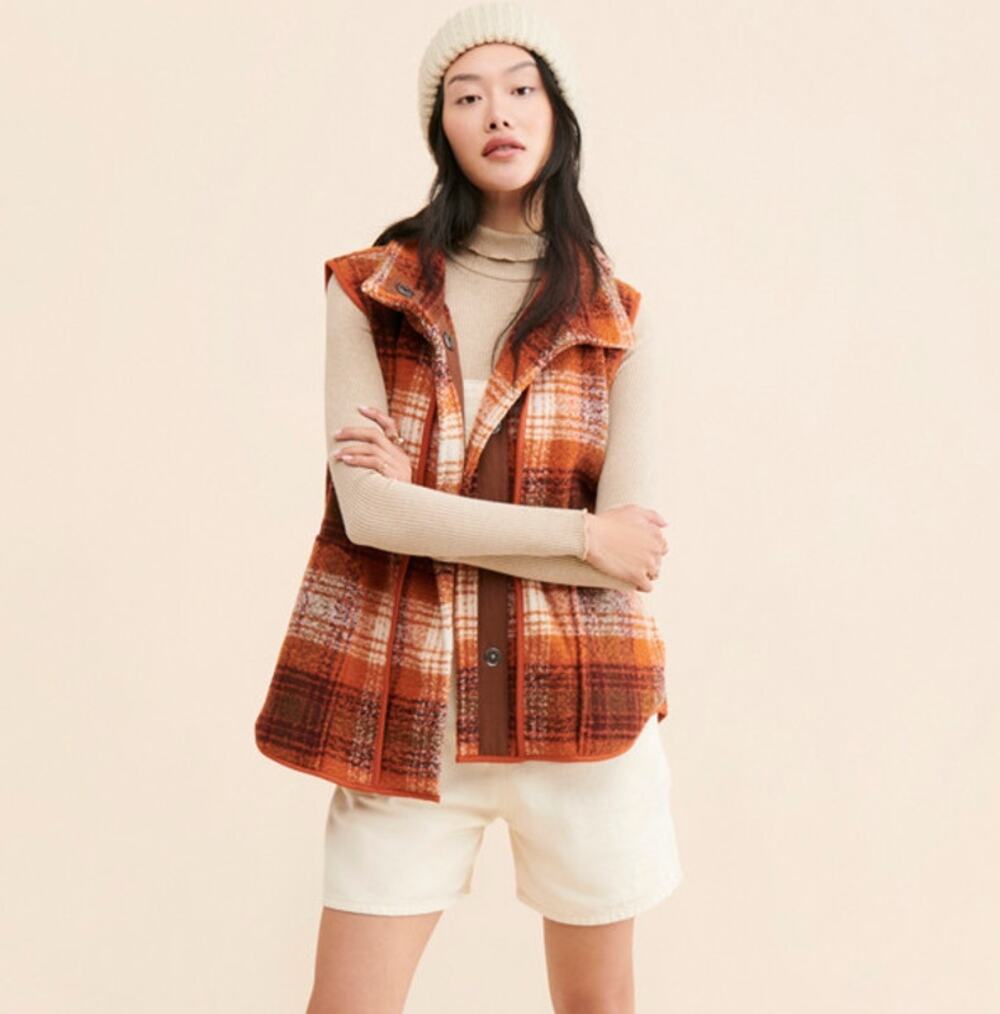 FREE PEOPLE Wrapped Up Blanket Vest Terracotta Topaz Plaid Sz S NWT $198
